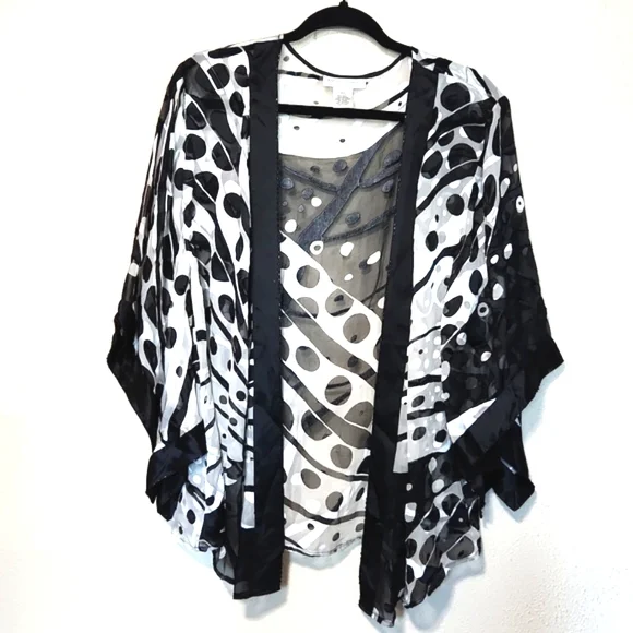 Sheer Black and White Polka Dot Kimono Cardigan - Picture 12 of 12
